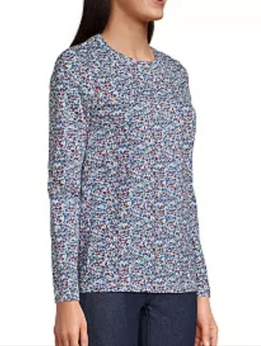 Lands End Womens 2X Muted Blue Floral Long‎ Sleeve Cotton Crew Neck Top 476520